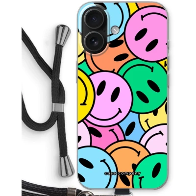 Afbeelding van Case Company® hoesje met Koord geschikt voor iPhone 16 Smiley N1 Telefoonhoesje Zwart Bescherming aan alle Kanten en Over de Schermrand