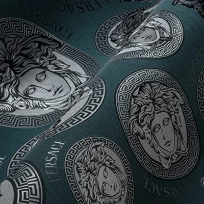 Afbeelding van &quot;MEDUSA HOOFD&quot; SATIJN GLANZEND BEHANG Design blauw zilver zwart A.S. Création Versace 5