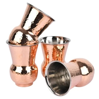 Afbeelding van Zap impex Mughalai drinkservies, koper, roestvrij staal, 4 delige set, glas, inhoud 400 ml, serveerservies voor huishouden en keuken