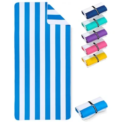 Afbeelding van Stranddeken XXL microvezel strandhanddoek groot, licht en sneldrogend 100% gerecyclede handdoek Strandlaken Hemelsblauw Wit gestreept 200cmx90cm