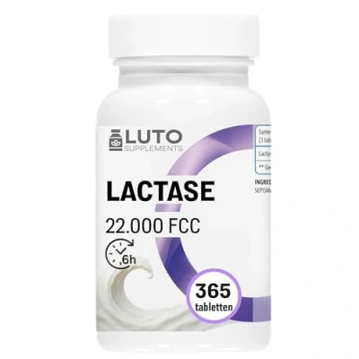 Afbeelding van Lactase 22.000 FCC Enzympreparaat Hoge dosering 365 tabletten Bij lactose intolerantie LUTO Supplements