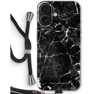 Afbeelding van Case Company® hoesje met Koord geschikt voor iPhone 16 Zwart Marmer Telefoonhoesje Bescherming aan alle Kanten en Over de Schermrand