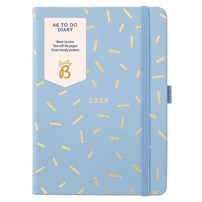 Afbeelding van Busy B A6 To Do Diary januari tot december 2024 Blue Sprinkle Kunstleer Week om dagboek te bekijken met notities, scheurlijsten en zakken
