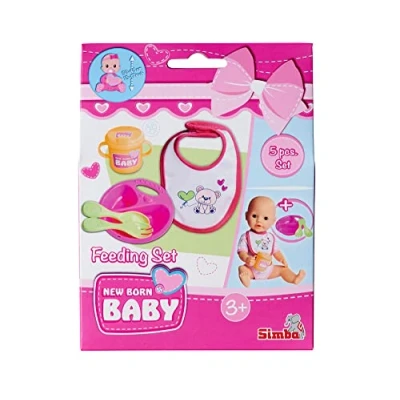Afbeelding van Simba 105560016 New Born babyvoederset, poppenaccessoires, voor poppen van 30 43 cm, 5 delen, borden, lepel, vork, slabbetjes en drinkbeker, vanaf 3 jaar