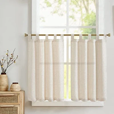 Afbeelding van Topick Vitrage met lussen, linnen bistrogordijn, halftransparant gordijn, vitrage, sjaal, raamsjaal voor keuken, woonkamer, landelijke stijl, set van 2, 65 cm x 90 (b h), naturel