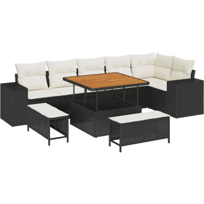 Afbeelding van vidaXL 9 delige Tuinbank Set met Kussens Zwart Poly Rattan Acacia