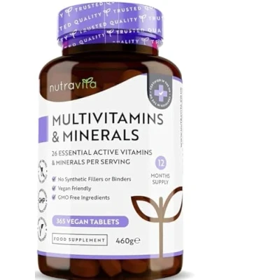 Afbeelding van Multivitaminen en Mineralen 365 Vegan Tabletten 1 Jaar Voorraad 26 Essentiële Actieve Vitaminen voor Mannen Vrouwen Gemaakt in het VK door Nutravita