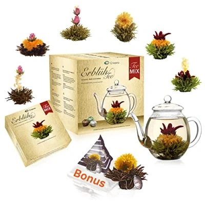 Afbeelding van Creano Theebloemen cadeauset bloesem thee met 500ml glazen kan &amp; 6x witte, zwarte, groene + Teelini zwarte bonuskogel 8 delig