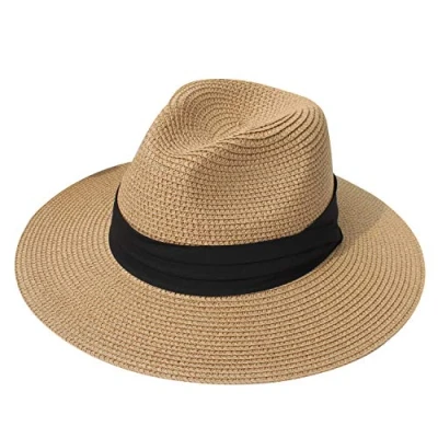 Afbeelding van DRESHOW vrouwen stro Panama hoed Fedora strand zonnehoed brede rand oprollen UPF 50 +