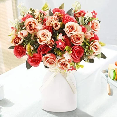 Afbeelding van LESING Kunstmatige zijden roos met vaas nepbloemen bruiloft bloemen boeketten arrangement thuiskantoor feest middelpunt tafeldecoratie (rood)
