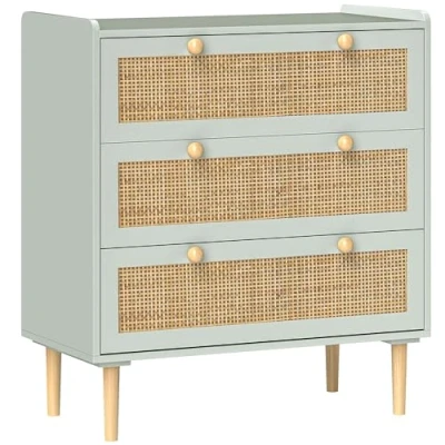 Afbeelding van HOMCOM Kommode Beistellschrank mit 3 Schubladen, Sideboard Boho Stil, Rattanoptik, Schubladenkommode für Wohnzimmer, Schlafzimmer, Hellblau 80 x 40 87,5 cm