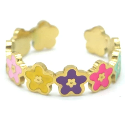 Afbeelding van Ring met Bloemen RVS One Size Goudkleurig Multi Color Zomer