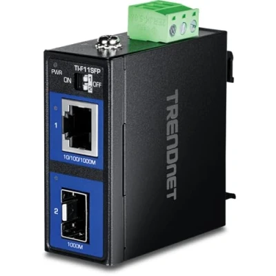 Afbeelding van TRENDnet TI F11SFP Geharde industriële 100/1000 Base T naar SFP mediaconter, DIN rail/wandhouder, multi of single mode vezel, adapter apart verkrijgbaar