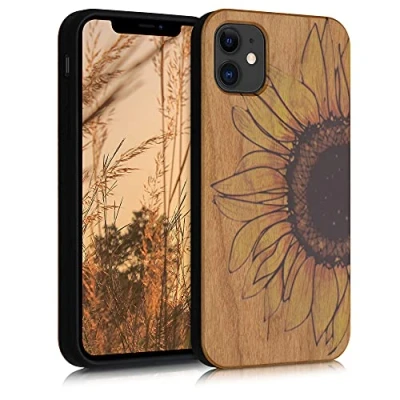Afbeelding van kwmobile telefoonhoesje compatibel met Apple iPhone 11 Hoesje van hout en TPU In geel/donkerbruin/lichtbruin Wood Sunflower