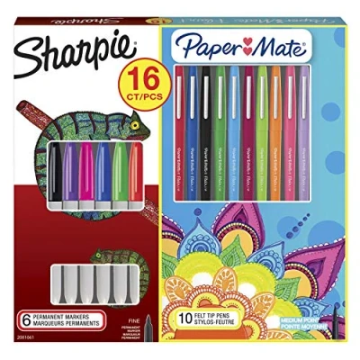 Afbeelding van Sharpie Permanente marker en Paper Mate Flair viltstiften, pennenset, op kleur gesorteerd, 16 stuks