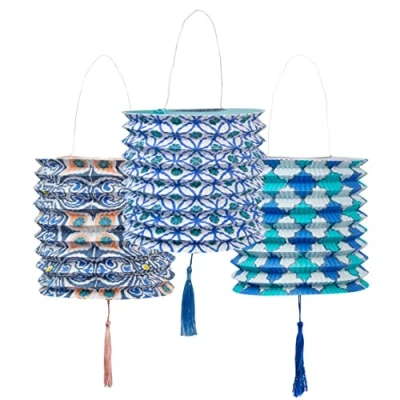 Afbeelding van Marokkaanse geometrische blauwe papieren lantaarns decoraties voor verjaardagsfeest, tuin, zomer, babyshower, set van 3, gemaakt door Talking Tables
