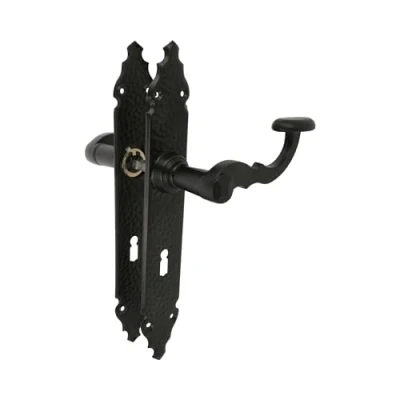 Afbeelding van Amig Deurklinkset, model 100PG 280 x 44 mm Zamakgreep met stalen plaat zwarte afwerking Inclusief Gorja sleutelgat vierkant 8 rustieke stijl, handgesmeed