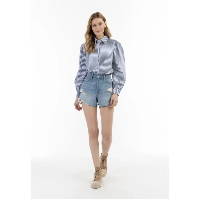 Afbeelding van DREIMASTER vintage Dames Lange Mouwen Blouse S / Wit Blauw 55% Polyester 45% Katoen