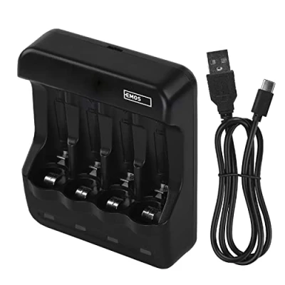 Afbeelding van EMOS Acculader voor 4 cellen, 300 mA, universele NiMH, NiCd batterijlader 1 4x AAA, AA, USB/micro USB kabel 60 cm, LED display, accubescherming, veiligheidsfuncties, zwart, N9321