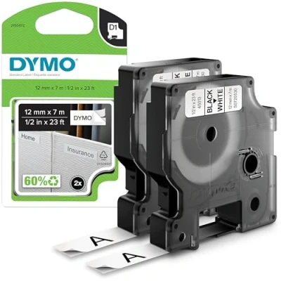 Afbeelding van DYMO originele D1 labels Zwarte opdruk op witte tape Rol van 12 mm x 7 m Zelfklevende voor LabelManager labelmakers 2 stuks