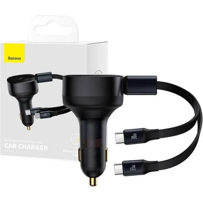 Afbeelding van Baseus 33W Fast Charge Autolader met Uitrekbare USB C Kabel Zwart