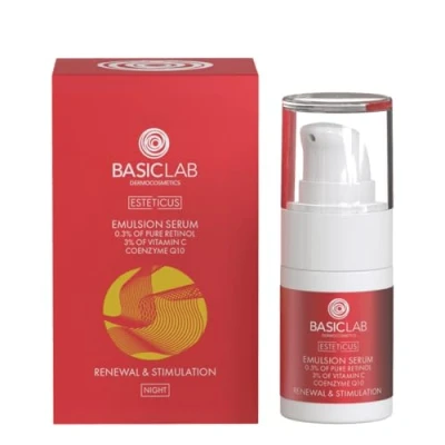 Afbeelding van BasicLab Dermocosmetics Emulsie gezichtsserum met retinol, co enzym Q10 en vitamine C, 15 ml, anti rimpelnachtserum voor vrouwen