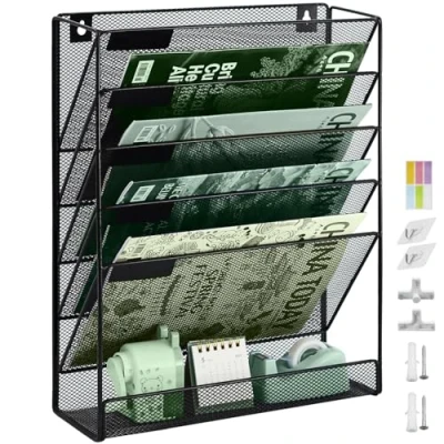 Afbeelding van IOUGDSEC 6 Tier A4 Mesh Hangende Muur Bestand Houder Tijdschrift Document Mail Organizer Opslag Rack, Duurzaam Metalen Desktop File Zwart