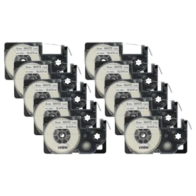 Afbeelding van vhbw 10 x cassette cartridges, labeltape, 9 mm, compatibel met Casio CW L300, KL 100E, 120, 1500, 200E, 300, 60, vervanging voor XR 9WE1, 9WE.