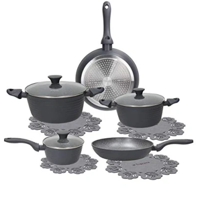 Afbeelding van Tognana Cooking Circle Ardesia antiaanbakpannen en pannen met pannenbescherming, set van 2 pannen, 3 potten, transparante deksels, 8 stuks, aluminium, grijs