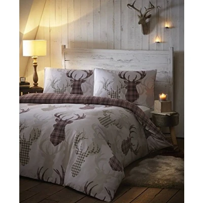 Afbeelding van DE CAMA Beddengoedset design hert in Schotse ruit, natuurlijk, bruin, voor tweepersoonsbedden