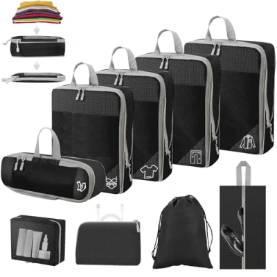 Afbeelding van 9 delige packing Cubes Compression, kofferorganizer, cubes, waterdichte kofferorganizerset, compressieverpakkingskubus, voor handbagage, koffer en rugzak (zwart)