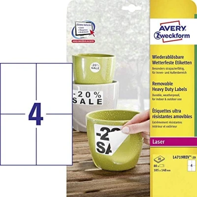 Afbeelding van Avery Zweckform L4719REV 20 folie etiketten 105 x 148 mm Polyester Wit 80 stuk(s) Weer verwijderbaar Laser (kleur), (zwart/wit), Kopiëren