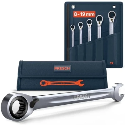Afbeelding van Presch Ratelsleutelset omkeerbar 5 delig (8, 10, 13, 17, 19mm) incl. tas Minimale terughaalhoek (4, 90 tanden) Nauwkeurig gefreesde, duurzame ringsleutels Steeksleutelset