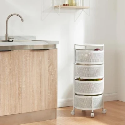 Afbeelding van Keukentrolley Steigen met 4 manden rond staal 74,5xØ33 cm wit