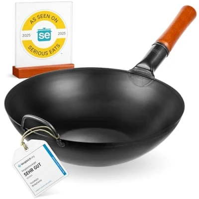Afbeelding van YOSUKATA Koolstofstalen Wokpan en Roerbakpannen 34 cm Voorbehandelde Wok met Platte Bodem Pow Inductie Traditionele Chinese Groot Past bij Gas, Inductie, Elektrisch, Open Vuur