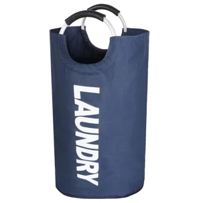 Afbeelding van Opvouwbare wasmand, inhoud 90 liter, wasverzamelaar met handvat, wasmand van Oxford stof, waterdichte waszak, laundry mand, draagbare wassorteerder, opbergcontainer, flessenverzamelaar, donkerblauw