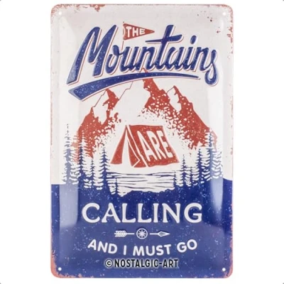 Afbeelding van Nostalgic Art Metalen Retro Bord, The Mountains Are Calling Geschenkidee voor liefhebbers van wandelen, metaal, Vintage ontwerp, 20 x 30 cm
