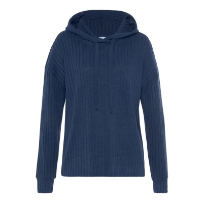Afbeelding van Lascana loungetop met capuchon en ribstructuur donkerblauw