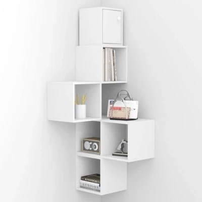 Afbeelding van WOLTU Hangend hoekrek, wandrek, wit, wandrek met 6 opbergvakken, zwevend boekenkast, hangrek, kubusrek, rek deur, modern, voor woonkamer, van hout