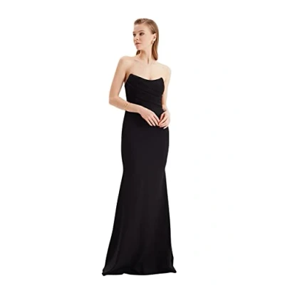 Afbeelding van Trendyol Standaard mouw Strapless vis Zwarte kraag Gedetailkunstleerde lange avondjurk TPRSS21AE0121