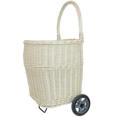 Afbeelding van WEECO grote boodschappenmand van wilgentenen in wit boodschappentrolley transportmand met wielen, marktwagen, houten mand, winkelwagen wilgentenen, trolley voor haardhout, 93 x 50 48