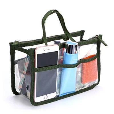 Afbeelding van IGNPION Transparante PVC inleg handtas organizer 8 zakken reizen make up toilettas cosmetische zak portemonnee insert voor meisjes vrouwen met rits en handgrepen (legergroen)