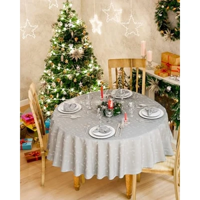 Afbeelding van Emma Barclay Merry Christmas Metallic Geweven Jacquard Chrismas Tafelkleed in Zilver 70&quot; (178cm) Rond