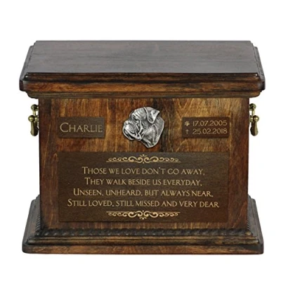 Afbeelding van Art Dog Pet Memorial Urn Handgemaakt koud gegoten bronzen portret op berkenbasis Gepersonaliseerde hondencrematiedoos 8,3x11,4x8,7 Bullmastiff