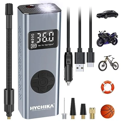 Afbeelding van HYCHIKA Draagbare Luchtpomp 12V 6000mAh Oplaadbare I50PSI Elektrische Compresso, Fietspomp met LED licht en schakelende Manometereenheid (PSI/BAR/KPA/KG/cm²), 5 Accessoires