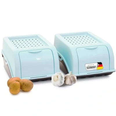Afbeelding van Novaliv Aardappelopbergdoos, klein, 3,5 l, turquoise, uienbox, stapelbaar, aardappelbox, uienopslag, aardappelmand, fruitcontainer, aardappelkist, vershouddoos, wortelen, 2 stuks
