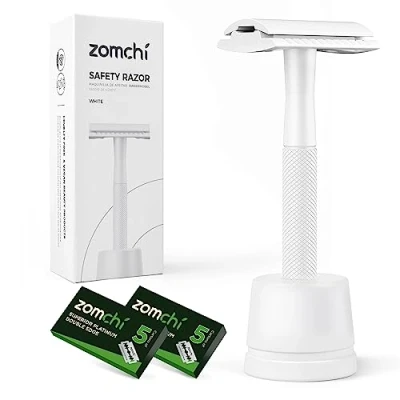 Afbeelding van ZOMCHI Surete scheermes voor dames, metaal, handmatig scheerapparaat dames en heren, herbruikbaar veiligheidsscheerapparaat, wit met houder