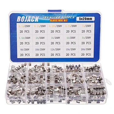 Afbeelding van BOJACK 15 waarden 300 stuks Snelsluitende glaszekeringen Assortimentset 5x20mm 250V 0,1 0,2 0,25 0,5 1 1,5 2 3 4 5 8 10 12 20A verpakking in een doorzichtige plastic doos