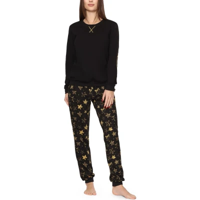 Afbeelding van Merry Style MS MS10 168 PJ Dames Pyjama ronde hals lange mouwen broek met zakken Katoen Zwart/Gele sterren XL