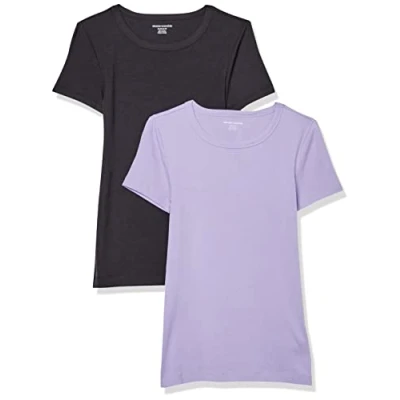 Afbeelding van Amazon Essentials Women&#039;s T shirt met korte mouwen en ronde hals in slanke pasvorm, Pack of 2, Zwart/Lavendel, XS